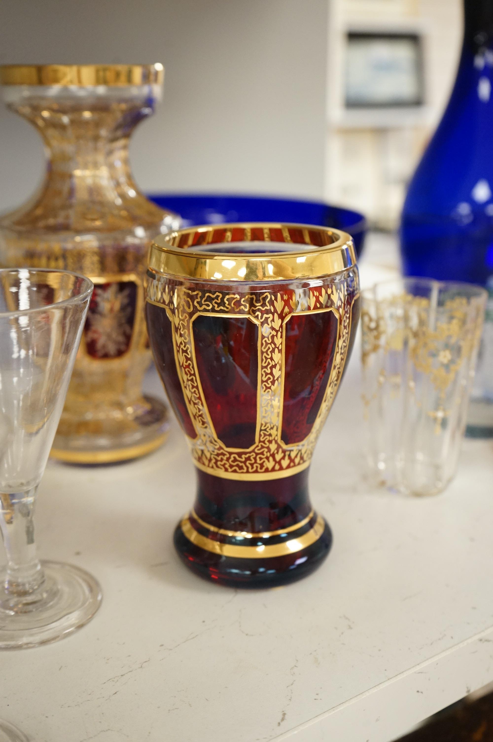 18th century and later glassware including a pair of ‘Bristol’ blue decanters